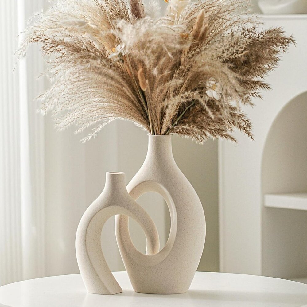 Snuggle Hollow Ceramic Vase Set of 2 Boho ins Style Round Decorative Cream Vase